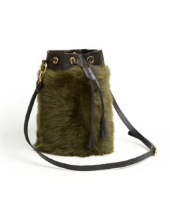 Drawstring Shearling Bag With 2 Way Shoulder Strap - L / Olive Shearling & Black - (ki:ts)