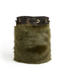 Drawstring Shearling Bag With 2 Way Shoulder Strap - L / Olive Shearling & Black - (ki:ts) -Ki:ts Shop Bag 1 3