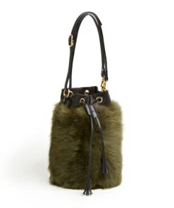 Drawstring Shearling Bag With 2 Way Shoulder Strap - L / Olive Shearling & Black - (ki:ts) -Ki:ts Shop Bag 1 4