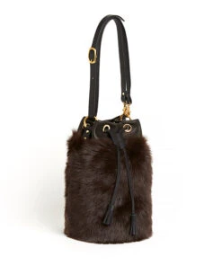 Drawstring Shearling Bag With 2 Way Shoulder Strap - L / Brown Shearling & Black - (ki:ts) -Ki:ts Shop Bag 1 4 9183e21f 7ed5 423c 9607 673f637129e7