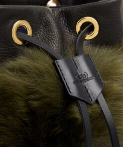 Drawstring Shearling Bag With 2 Way Shoulder Strap - L / Olive Shearling & Black - (ki:ts) -Ki:ts Shop Bag 1 5
