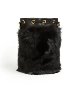Drawstring Shearling Bag With 2 Way Shoulder Strap - L / Black Shearling & Black - (ki:ts) -Ki:ts Shop Bag 2 3
