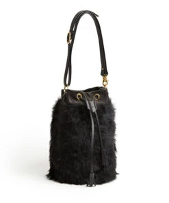 Drawstring Shearling Bag With 2 Way Shoulder Strap - L / Black Shearling & Black - (ki:ts) -Ki:ts Shop Bag 2 4