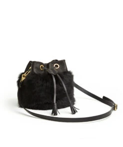 Drawstring Shearling Bag With 2 Way Shoulder Strap - S / Black Shearling & Black - (ki:ts)