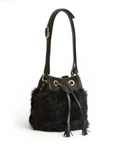 Drawstring Shearling Bag With 2 Way Shoulder Strap - S / Black Shearling & Black - (ki:ts) -Ki:ts Shop Bag 5 4