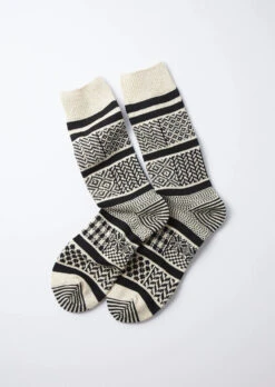 Multi Jacquard Crew Socks / Ivory & Black - ROTOTO
