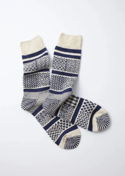 Multi Jacquard Crew Socks / Ivory & Navy - ROTOTO