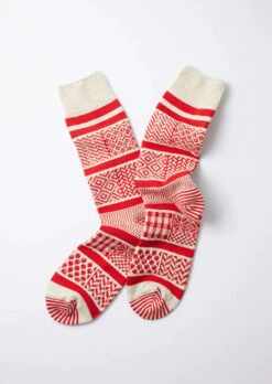 Multi Jacquard Crew Socks / Ivory & Red - ROTOTO