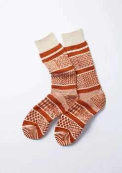 Multi Jacquard Crew Socks / Ivory & Rust - ROTOTO