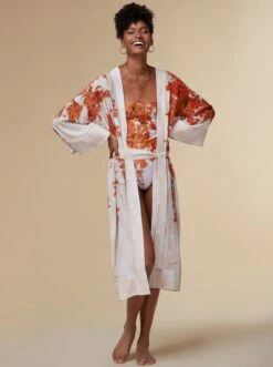 Alice - White / Silk Kimono Robe - KAYLL -Ki:ts Shop alicelongSilkflowerprintedkimonoluxuryresortwearorange6